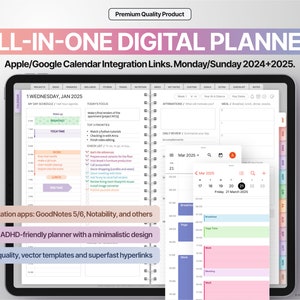 All-In-One Digital Planner 2024 2025, GoodNotes 5/6 and Notability Templates, Hyperlinked PDF, Apple and Google Calendar Links image 1