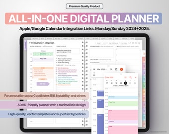 Agenda digitale tutto in uno 2024 + 2025, modelli GoodNotes 5/6 e Notability, PDF con collegamenti ipertestuali, collegamenti a calendari Apple e Google