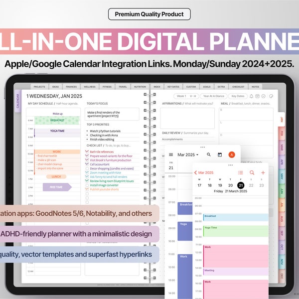 Agenda digitale tutto in uno 2024 + 2025, modelli GoodNotes 5/6 e Notability, PDF con collegamenti ipertestuali, collegamenti a calendari Apple e Google