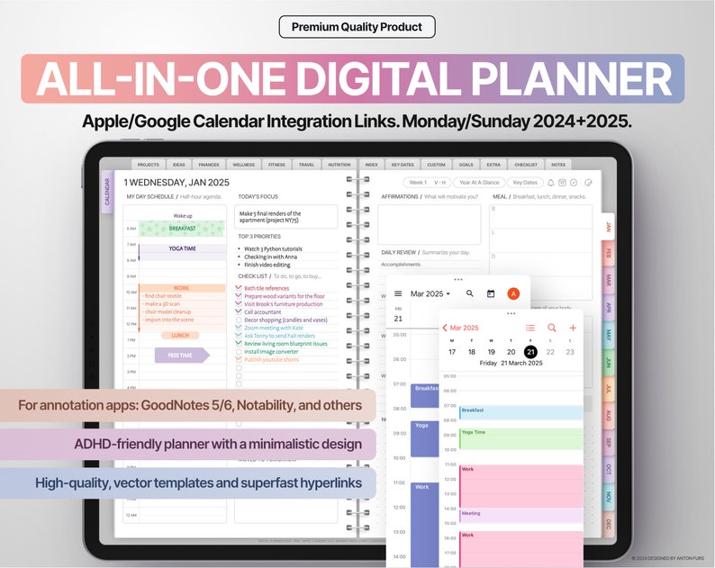 All-In-One Digital Planner 2024 2025, GoodNotes 5/6 and Notability Templates, Hyperlinked PDF, Apple and Google Calendar Links image 1