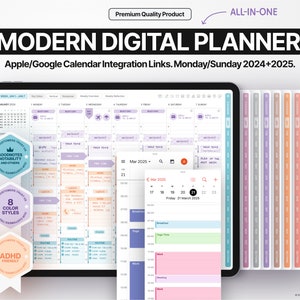 Modern All-In-One Digital Planner 2024 + 2025, GoodNotes 5/6 and Notability, Hyperlinked PDF, 8 Color Styles