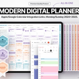 Modern All-In-One Digital Planner 2024 + 2025, GoodNotes 5/6 and Notability, Hyperlinked PDF, 8 Color Styles