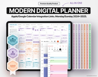 Modern All-In-One Digital Planner 2024 + 2025, GoodNotes 5/6 and Notability, Hyperlinked PDF, 8 Color Styles