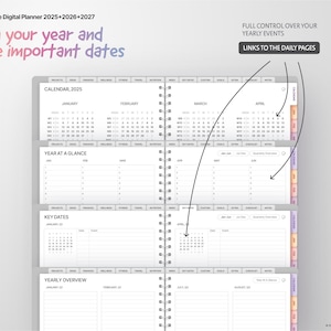 May include: A digital planner with a gray background and white text. The planner is for the years 2025, 2026, and 2027. The text "Plan your year and save important dates" is at the top of the page. The planner includes a calendar, a year at a glance section, key dates, and a yearly overview. The planner also includes links to the daily pages.