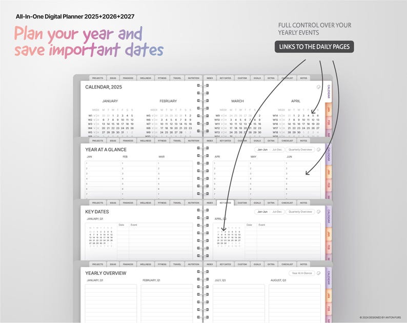 May include: A digital planner with a gray background and white text. The planner is for the years 2025, 2026, and 2027. The text "Plan your year and save important dates" is at the top of the page. The planner includes a calendar, a year at a glance section, key dates, and a yearly overview. The planner also includes links to the daily pages.