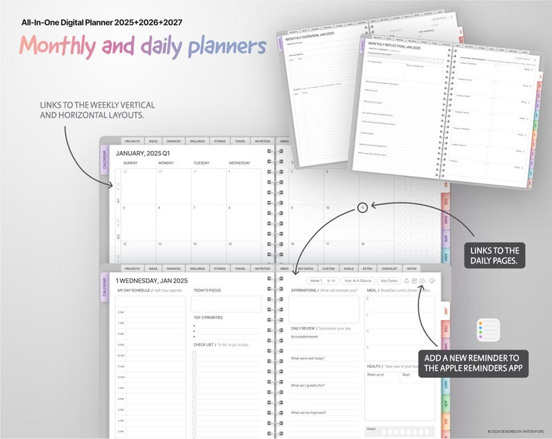 May include: A digital planner with a monthly and daily layout. The planner includes sections for projects, goals, finances, health, and notes. The planner is designed to help users stay organized and on track with their goals.