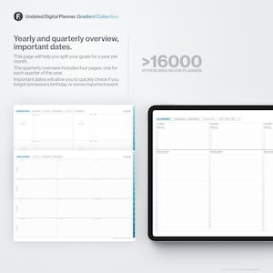 May include: A digital planner with a yearly and quarterly overview. The planner has a white background with black grid lines and blue accents. The text "Yearly and quarterly overview, important dates." is at the top of the page. The text ">16000 HYPERLINKS IN OUR PLANNER" is at the top right of the page.