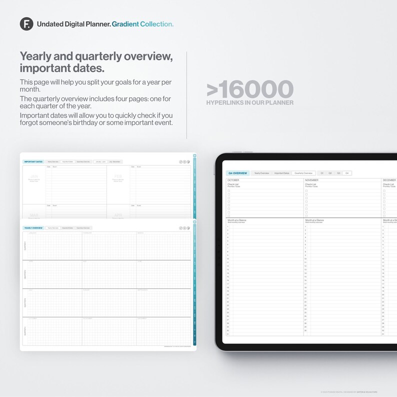 May include: A digital planner with a yearly and quarterly overview. The planner has a white background with black grid lines and blue accents. The text "Yearly and quarterly overview, important dates." is at the top of the page. The text ">16000 HYPERLINKS IN OUR PLANNER" is at the top right of the page.