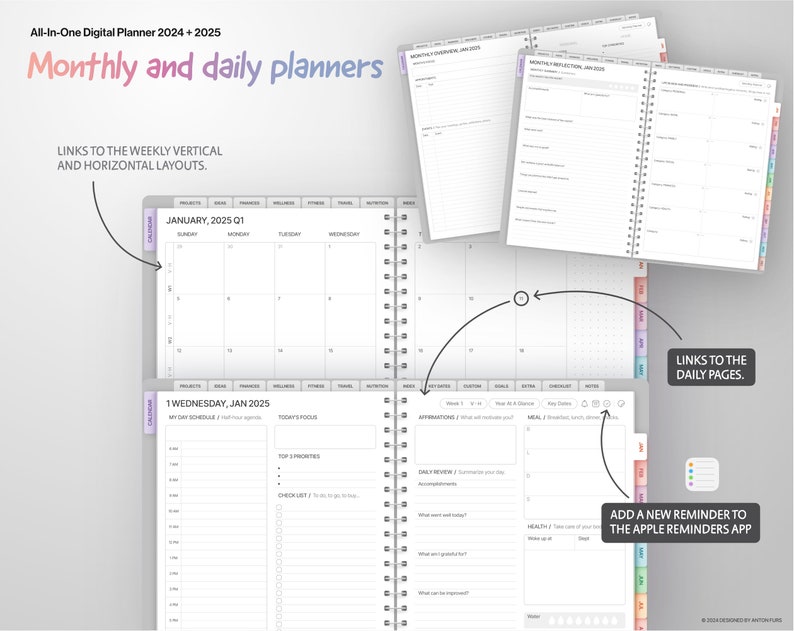 All-In-One Digital Planner 2024 2025, GoodNotes 5/6 and Notability Templates, Hyperlinked PDF, Apple and Google Calendar Links image 5