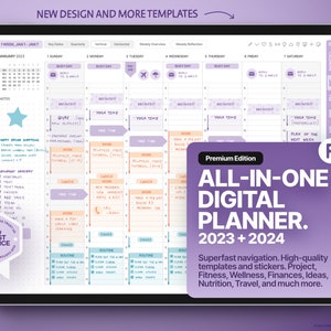 All-In-One Digital Planner 2023 + 2024, GoodNotes and Notability Templates, Hyperlinked PDF, Purple Style