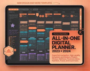 Dark Mode All-In-One Digital Planner 2023 + 2024, GoodNotes and Notability Templates, Hyperlinked PDF, Cantaloupe Style