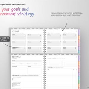 May include: A digital planner page with a gray background and black text. The page is divided into sections for life goals, short-term goals, medium-term goals, and long-term goals. There is also a section for goal details, which includes a description, deadline, location, and motivation.