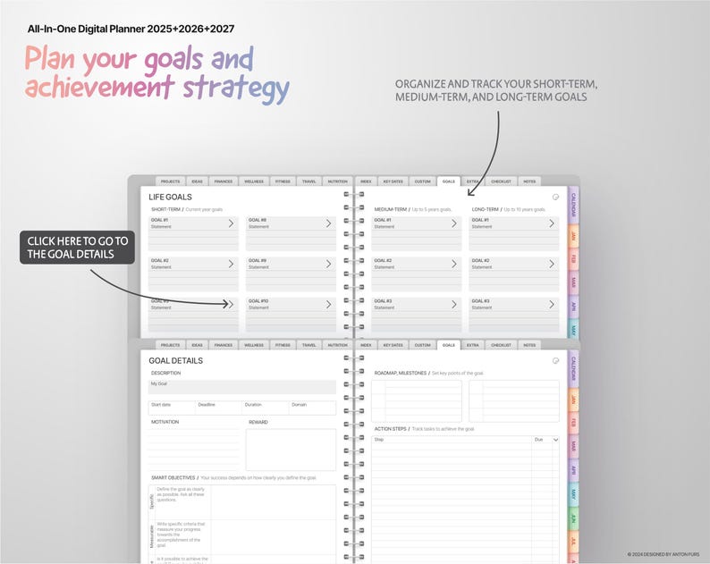 May include: A digital planner page with a gray background and black text. The page is divided into sections for life goals, short-term goals, medium-term goals, and long-term goals. There is also a section for goal details, which includes a description, deadline, location, and motivation.