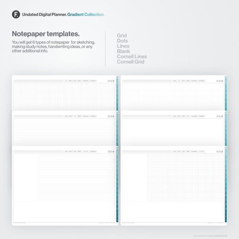 May include: Six different notepaper templates for sketching, making study notes, handwriting ideas, or any other additional information. The templates include grid, dots, lines, blank, Cornell lines, and Cornell grid.