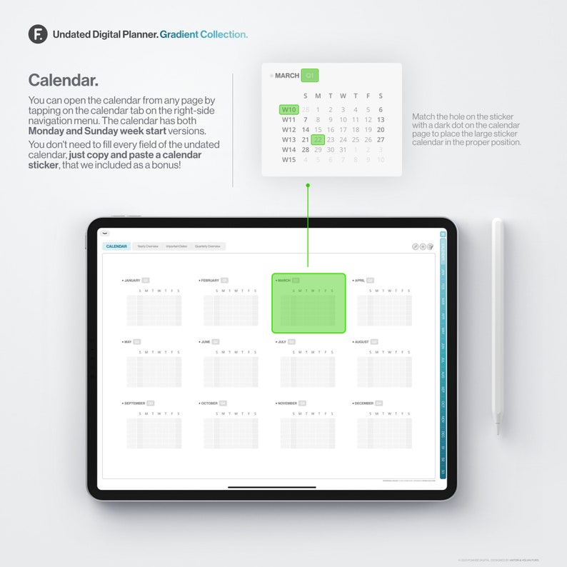 May include: A digital planner app on a tablet screen displays a calendar view with a green highlighted section for March. The calendar includes a sticker with a hole and a dark dot to match the calendar page.