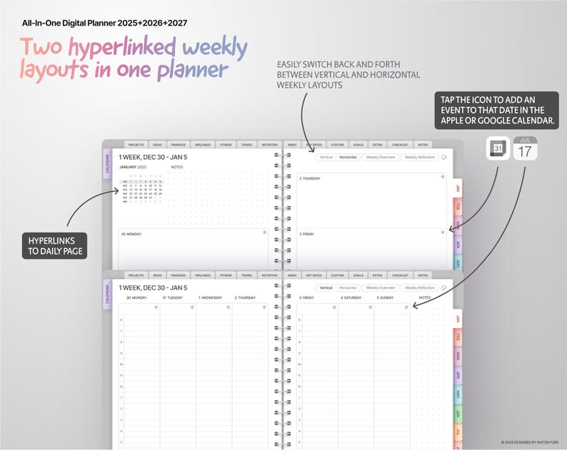 May include: A digital planner with two weekly layouts, one vertical and one horizontal. The planner has hyperlinks to daily pages and a calendar icon to add events to Apple or Google Calendar.
