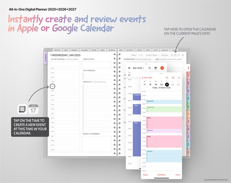 May include: A digital planner app interface with a calendar view. The calendar is open to March 2025 and shows a schedule for Friday, March 21st. The app allows users to create and review events in Apple or Google Calendar.