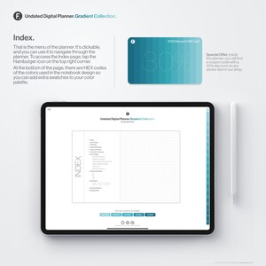 May include: A digital planner with a blue and green gradient cover. The planner is open to the index page, which lists the different sections of the planner. The planner also includes a 30% discount gift card.