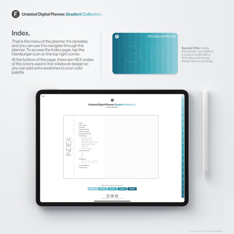 May include: A digital planner with a blue and green gradient cover. The planner is open to the index page, which lists the different sections of the planner. The planner also includes a 30% discount gift card.