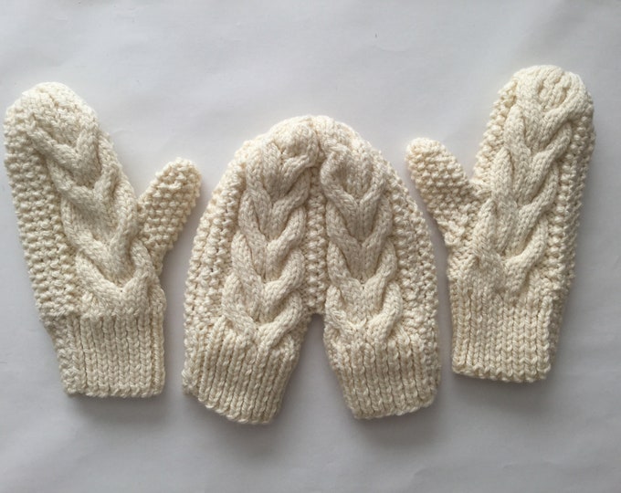 Couple Mittens Handmade in wool knitted cabled patterns in Cream with inner insulation,hand holding mittens for him and her, gift for winter