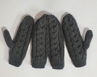 Couple Mittens Handmade in wool knitted cabled patterns in Dark Grey with inner insulation, hand holding mittens for him and her, gift