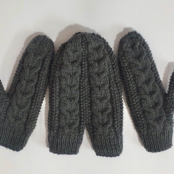 Couple Mittens Handmade in wool knitted cabled patterns in Dark Grey with inner insulation, hand holding mittens for him and her, gift