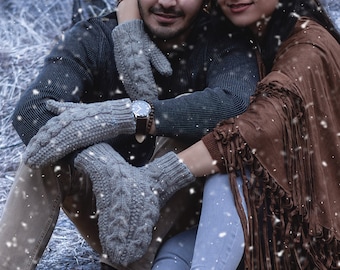 Couple Mittens Handmade in wool knitted cabled patterns in medium Grey,hand holding mittens for him and her, gift for winter wedding lovers