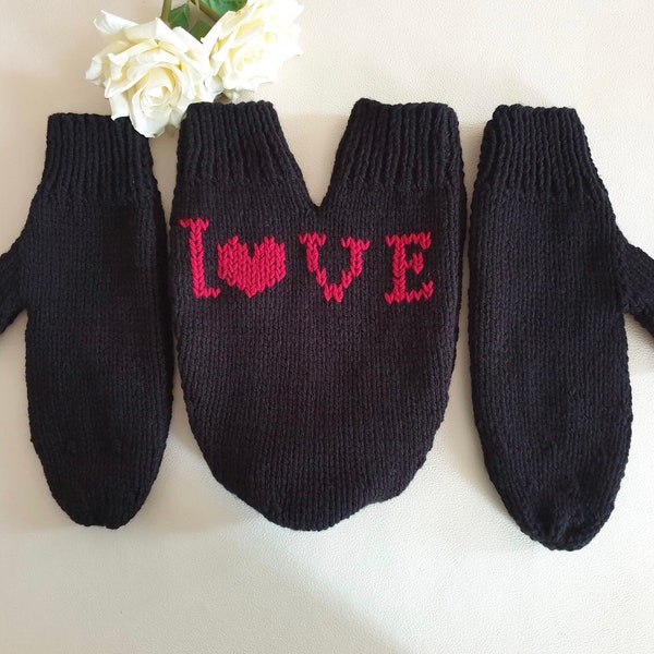 Couple Mittens Handmade in wool knitted love heart patterns in Black,hand holding mittens for him and her, gift for winter wedding lovers