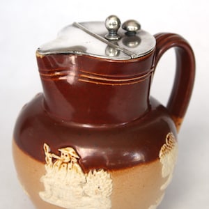Antique Doulton Lambeth Stoneware Salt Glaze Syrup Jug with Handmade Silver Lid