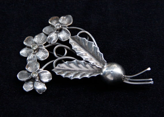 Mid Century Sterling Silver Flower clear crystal … - image 2