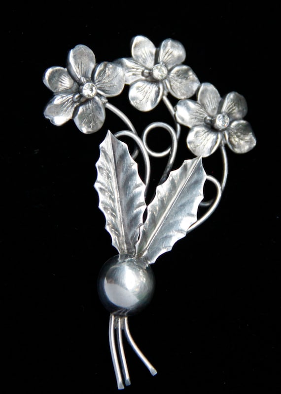 Mid Century Sterling Silver Flower clear crystal … - image 1