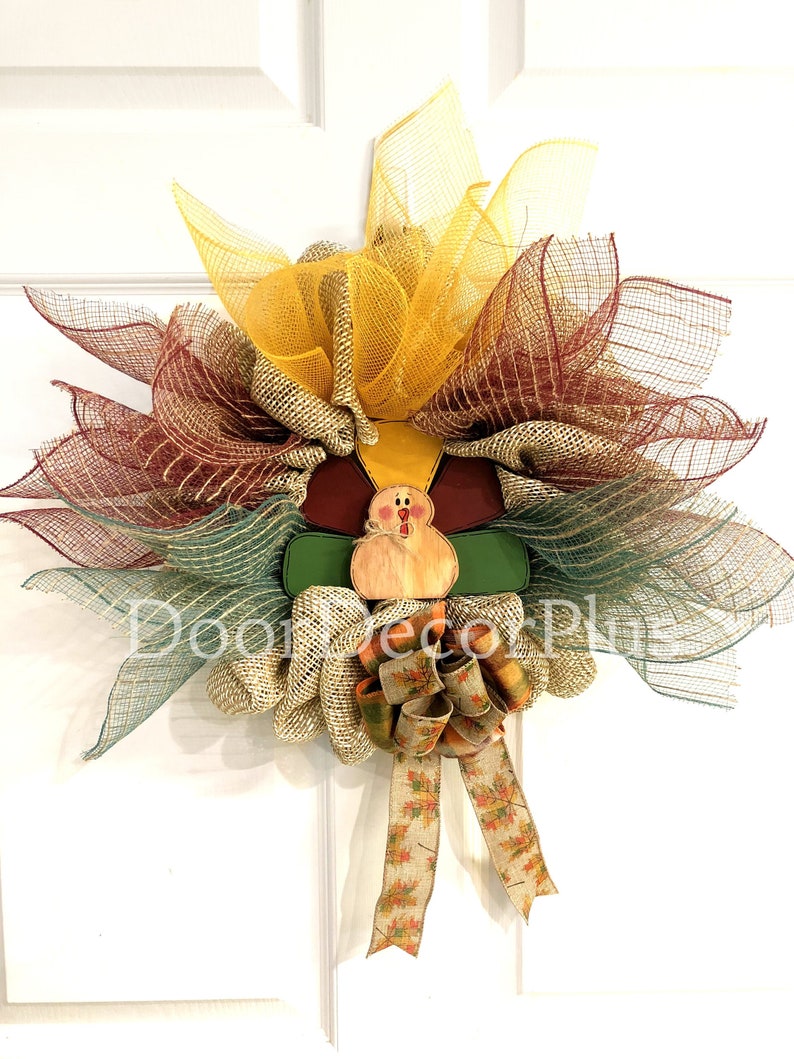 Country Farmhouse Chic Wreath Thanksgiving Holiday Decor Turkey Decor Small Whimsical Thanksgiving Turkey Front Door Deco Mesh Wreath
