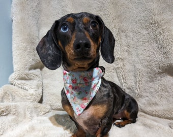 Floral Handmade Dog Bandanna Blue with Pink Flowers