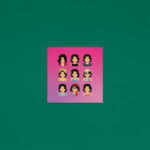 May include: A square print featuring nine stylized illustrations of women with various hairstyles and accessories. The illustrations are set against a gradient pink background, with a solid green backdrop.