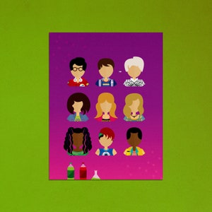 May include: A purple background with a grid of nine cartoon characters, each with a different hairstyle and clothing. The characters are all smiling and looking at the viewer. There are three bottles and a beaker at the bottom of the image.