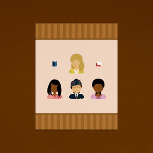 May include: Illustration of four people with different hairstyles and clothing. A woman with blonde hair, a woman with brown hair, a man with a blue hat, and a man with brown hair. The illustration is on a brown striped background.