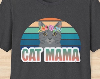 Cat Mama T-Shirt: Retro Grey Cat with Flowers