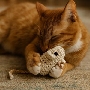 May include: An orange tabby cat cuddles a beige crocheted mouse toy. The cat is lying on a patterned rug, its eyes closed. The toy has a dark blue button for an eye and a long, thin tail.