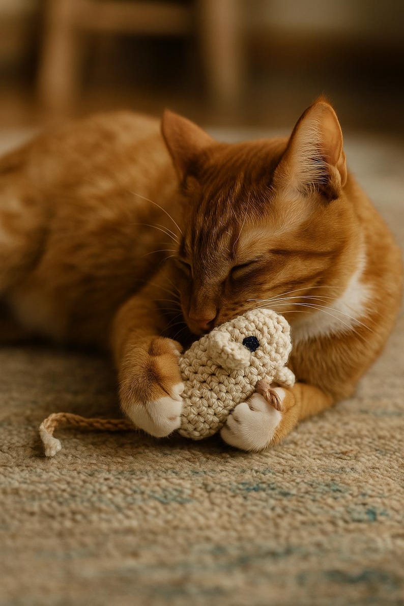 May include: An orange tabby cat cuddles a beige crocheted mouse toy. The cat is lying on a patterned rug, its eyes closed. The toy has a dark blue button for an eye and a long, thin tail.