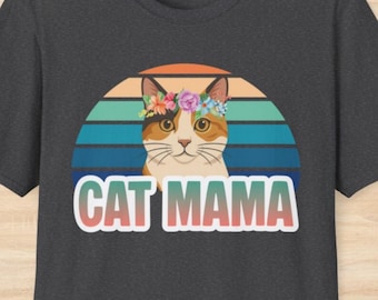 Cat Mama T-Shirt: Retro Calico Cat with Flowers