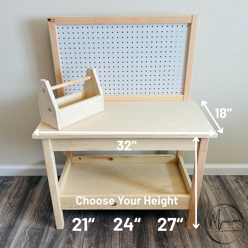 May include: A natural wood children's play table with a pegboard back and a small wooden toolbox. The table is 32 inches long and 18 inches wide. The height options are 21, 24, or 27 inches.