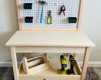 Kid's Wooden Work Bench: Includes Toolbox & Pegboard