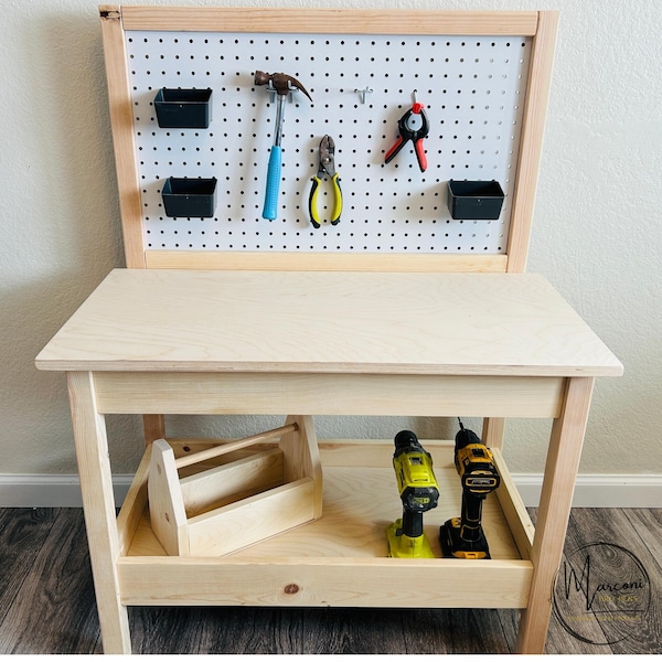 Kid's Wooden Work Bench: Includes Toolbox & Pegboard