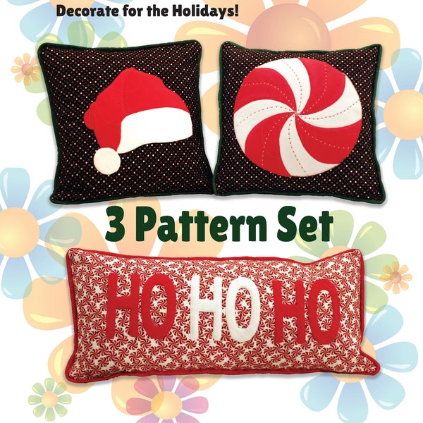 3 Holiday Pillow Patterns, 18x18", 14x28", PDF Instant Download, Peppermint, Santa Hat, Ho Ho Ho, throw pillows