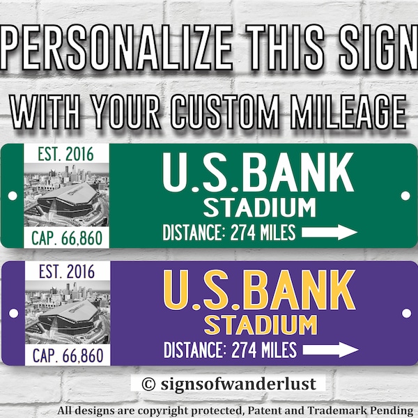 MINNESOTA VIKINGS | U.S. Bank Stadium | Custom Highway Sign | Personalize Distance to U.S. Bank Stadium | Minnesota Fan | Vikings Fan