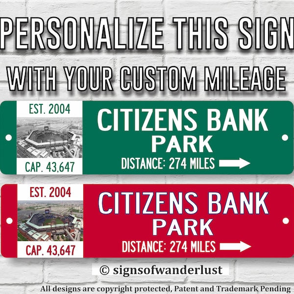 CITIZENS BANK PARK | Philadelphia Phillies | Custom Highway Sign | Personalize Distance to Citizens Bank Park | Philadelphia Phillies Fan