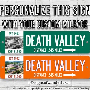 Death Valley Memorial Stadium | Clemson University Tigers Football | Custom Street Sign | Personalize Distance to Death Valley | Clemson