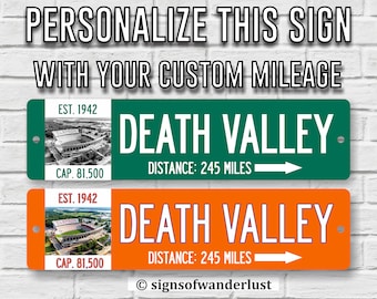 Death Valley Memorial Stadium | Clemson University Tigers Football | Custom Street Sign | Personalize Distance to Death Valley | Clemson