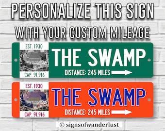 Op de afbeelding: Twee gepersonaliseerde groene en oranje borden met de tekst "THE SWAMP" en "DISTANCE: 245 MILES". De borden bevatten een stadionbeeld en de tekst "EST. 1930" en "CAP. 91,916".