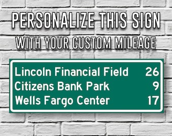 May include: A green road sign with white text that reads "Lincoln Financial Field 26", "Citizens Bank Park 9", and "Wells Fargo Center 17". The sign is on a white brick wall with the text "PERSONALIZE THIS SIGN WITH YOUR CUSTOM MILEAGE" above it.
